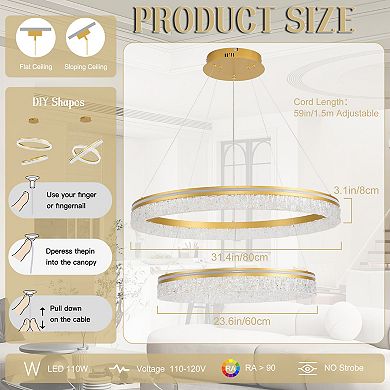 Modern Aluminum 2-Ring LED Chandelier Stepless Dimmable Acrylic Pendant Light Fixture