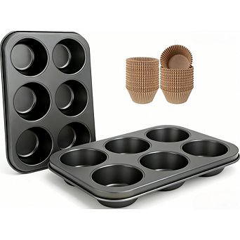 Great Ambitions 2-Pack 6 cup Jumbo Muffin Pan Set, Nonstick Carbon Steel with 50 Liners