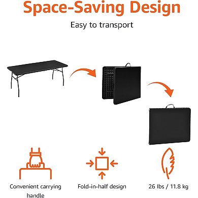 6ft Black Heavy Duty Folding Table, Portable with Carrying Handle for Indoor Outdoor