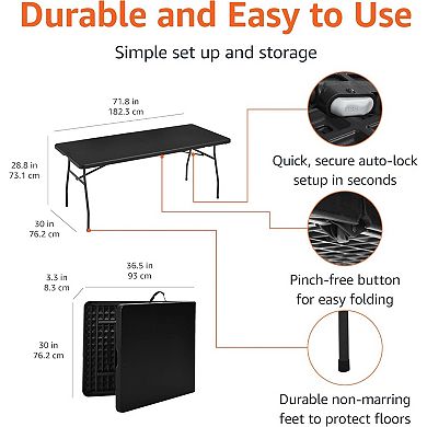 6ft Black Heavy Duty Folding Table, Portable with Carrying Handle for Indoor Outdoor