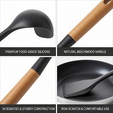 Silicone Cooking Utensil Set with Wood Handles 5 Piece