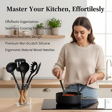 Silicone Cooking Utensil Set with Wood Handles 5 Piece
