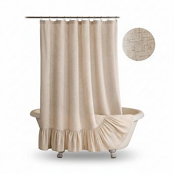 Farmhouse Linen Shower Curtain with Ruffle Hem Beige Boho Rustic 72x72