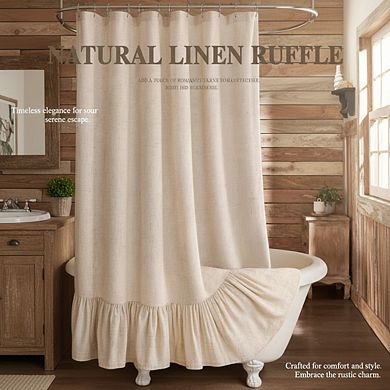 Farmhouse Linen Shower Curtain with Ruffle Hem Beige Boho Rustic 72x72