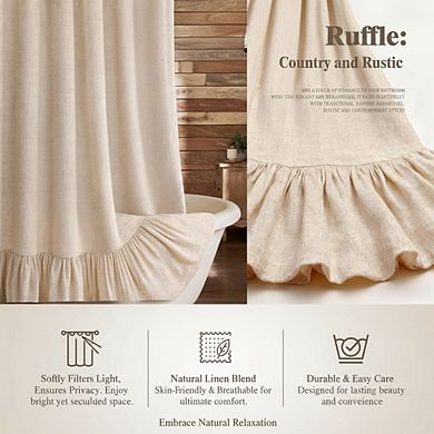 Farmhouse Linen Shower Curtain with Ruffle Hem Beige Boho Rustic 72x72