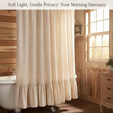 Farmhouse Linen Shower Curtain with Ruffle Hem Beige Boho Rustic 72x72