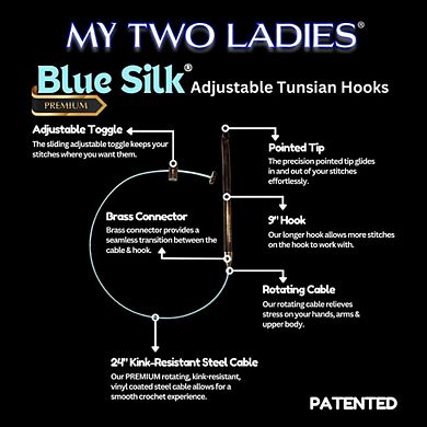 Ultimate Blue Silk Tunisian Adjustable Crochet Hook Set 12 Sizes w/custom case