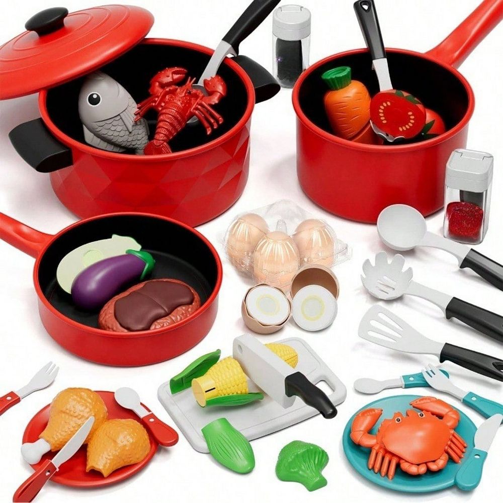 Play Kitchen Set with Pots Pans & Toy Food Cooking Pretend Play