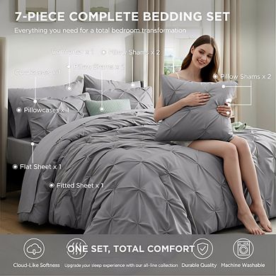 King 7-Piece Bed-in-a-Bag Set, Grey Pintuck Comforter & Sheets