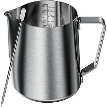 Great Ambitions 20oz Milk Frothing Pitcher, 304 Stainless Steel Latte Art Espresso Steaming Jug