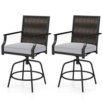 Costway Outdoor PE Wicker Swivel Bar Stools with Back Armrests and Cushion