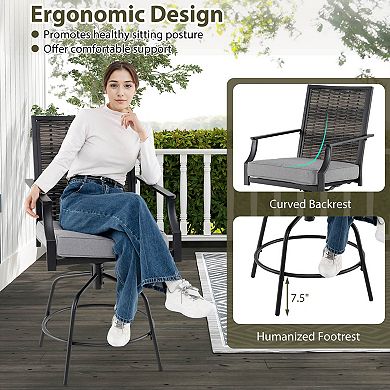 Costway Outdoor PE Wicker Swivel Bar Stools with Back Armrests and Cushion