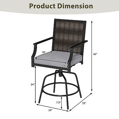 Costway Outdoor PE Wicker Swivel Bar Stools with Back Armrests and Cushion