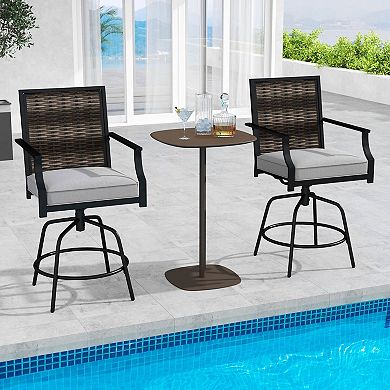 Costway Outdoor PE Wicker Swivel Bar Stools with Back Armrests and Cushion