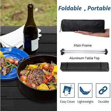 Great Ambitions Portable Camping Table, Aluminum Top, Folding, for Outdoor, Beach, Picnic, Black