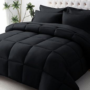 Great Ambitions Queen Bed-in-a-Bag: 7 pc Ultra-Soft Black Set with Down-Alternative Comforter