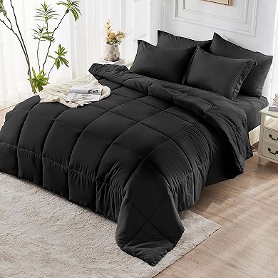Great Ambitions Queen Bed-in-a-Bag: 7-Piece Ultra-Soft Black Set with Down-Alternative Comforter