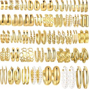 ZUQIETA 42-Pair Gold Hoop Earring Set - Chunky, Pearl & Twisted Mix for Party