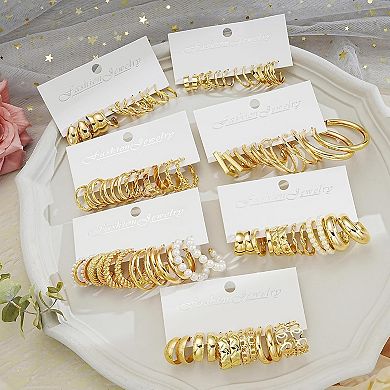 ZUQIETA 42-Pair Gold Hoop Earring Set - Chunky, Pearl & Twisted Mix for Party