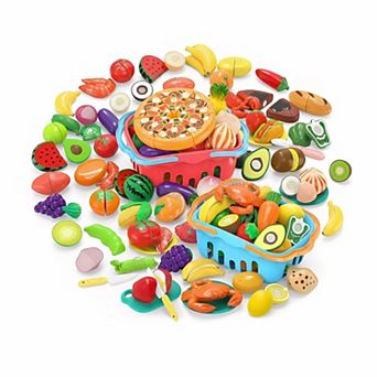 120 pc Cutting Play Food Toy with Storage Baskets for Kitchen Pretend Play