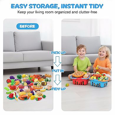 120-Piece Cutting Play Food Toy with Storage Baskets for Kitchen Pretend Play