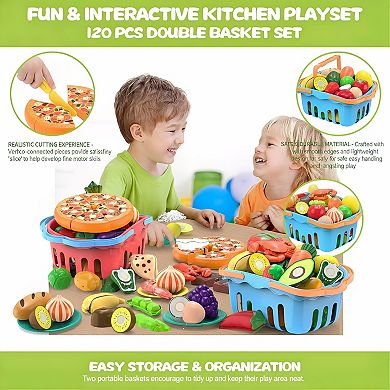 120-Piece Cutting Play Food Toy with Storage Baskets for Kitchen Pretend Play