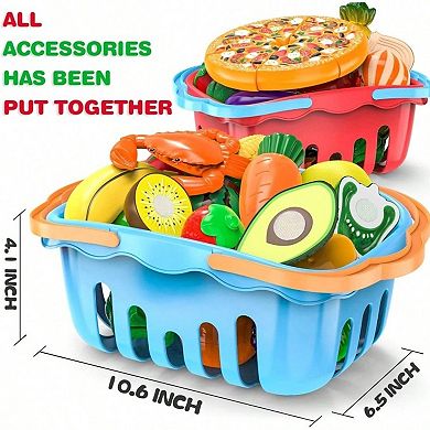 120-Piece Cutting Play Food Toy with Storage Baskets for Kitchen Pretend Play