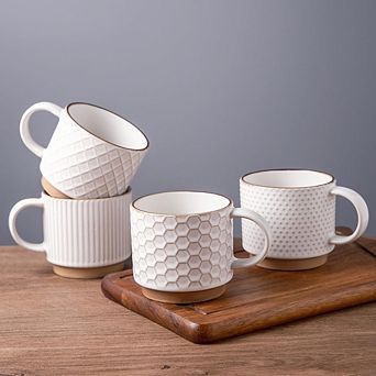 Great Ambitions 4-Pack 12oz Textured Ceramic Coffee Mugs, Stackable, Dishwasher Safe, Off-White