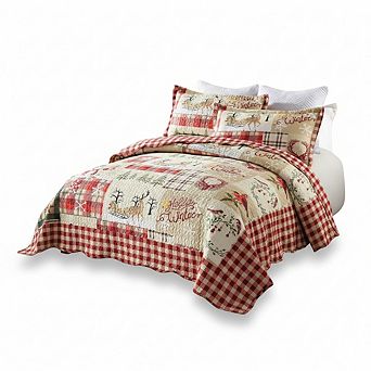 Deer Print Christmas Quilt Set, King 3 pc Rustic Lodge Style Lightweight Bedding