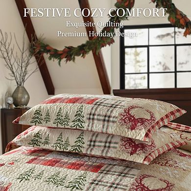 Deer Print Christmas Quilt Set, King 3pc Rustic Lodge Style Lightweight Bedding