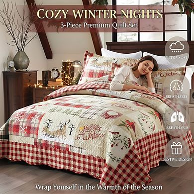 Deer Print Christmas Quilt Set, King 3pc Rustic Lodge Style Lightweight Bedding