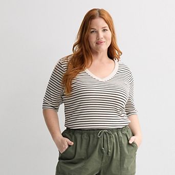 Plus Size Sonoma Goods For Life® Rib Elbow Sleeve V-Neck Tee