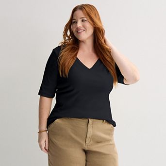 Plus Size Sonoma Goods For Life® Rib Elbow Sleeve V-Neck Tee