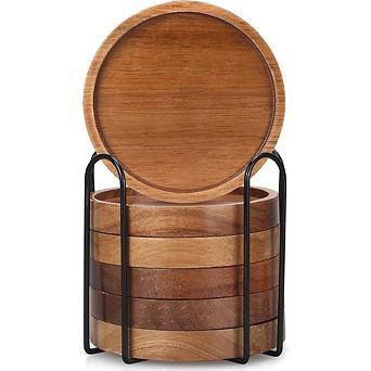Great Ambitions 6 pc Acacia Wood Coaster Set with Holder, Rustic Home Decor