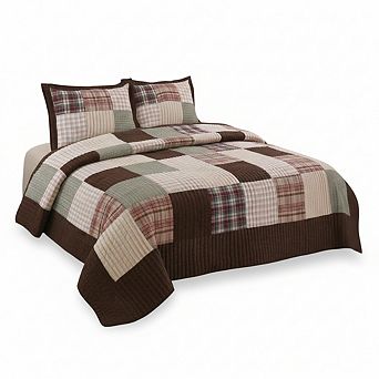 Hand-Pieced Patchwork Quilt Set, Twin 2 pc Reversible Brown Plaid Farmhouse
