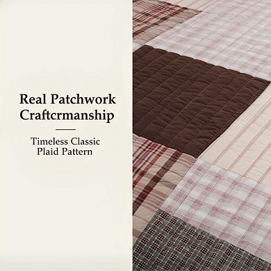 Hand-Pieced Patchwork Quilt Set, Twin 2pc Reversible Brown Plaid Farmhouse