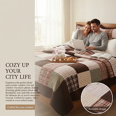 Hand-Pieced Patchwork Quilt Set, Twin 2pc Reversible Brown Plaid Farmhouse