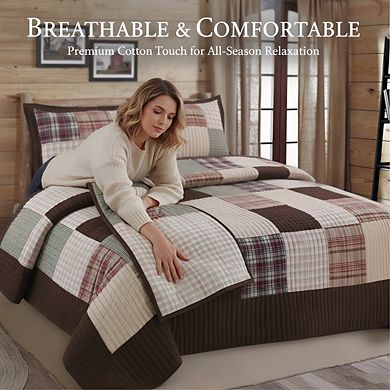 Hand-Pieced Patchwork Quilt Set, Twin 2pc Reversible Brown Plaid Farmhouse