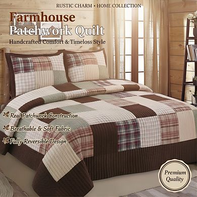Hand-Pieced Patchwork Quilt Set, Twin 2pc Reversible Brown Plaid Farmhouse