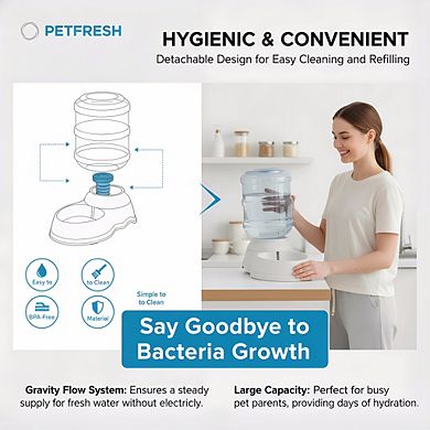 Gray Gravity Pet Water Dispenser 1 Gallon, Easy Clean for Cats Dogs