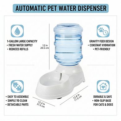 Gray Gravity Pet Water Dispenser 1 Gallon, Easy Clean for Cats Dogs