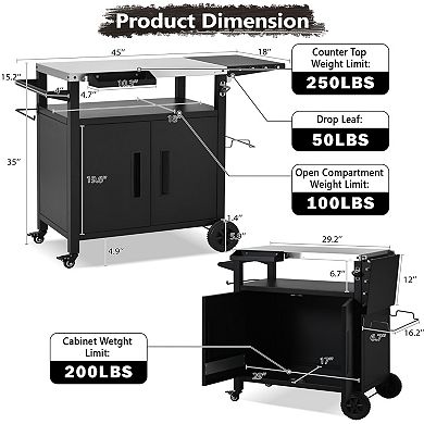 Rolling Outdoor Kitchen Island: Stainless Steel Grill Cart with Folding Table & Storage Cabinet