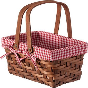 Small Rectangular Woven Picnic Basket with Double Folding Handles and Red Gingham Lining