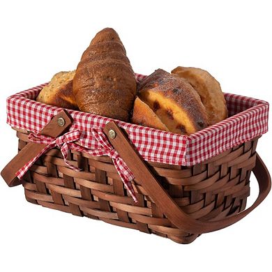 Small Rectangular Woven Picnic Basket with Double Folding Handles and Red Gingham Lining