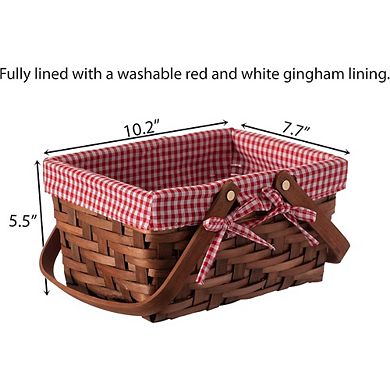 Small Rectangular Woven Picnic Basket with Double Folding Handles and Red Gingham Lining