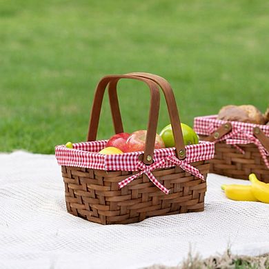 Small Rectangular Woven Picnic Basket with Double Folding Handles and Red Gingham Lining