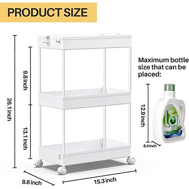 3 Tier Rolling Storage Cart Mobile Utility Organizer for Bathroom, Laundry Room & Kitchen, White