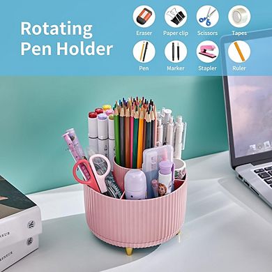 Pink Rotating Desk Organizer with Five Compartments Pen Holder