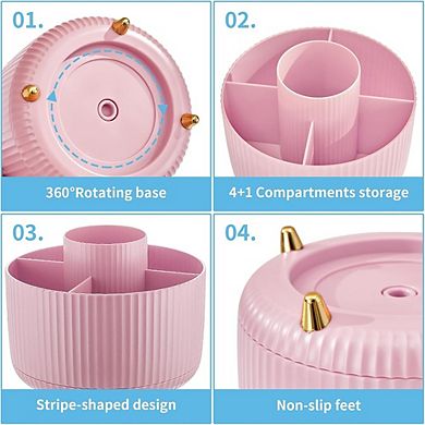 Pink Rotating Desk Organizer with Five Compartments Pen Holder