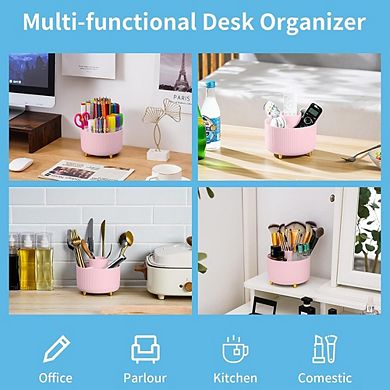 Pink Rotating Desk Organizer with Five Compartments Pen Holder
